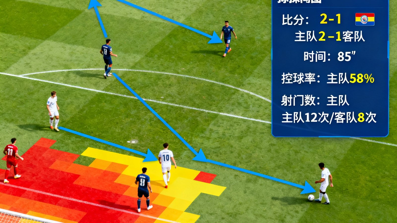 实时足球比赛中展示球员传球路线和跑动热图，球探比分可视化面板