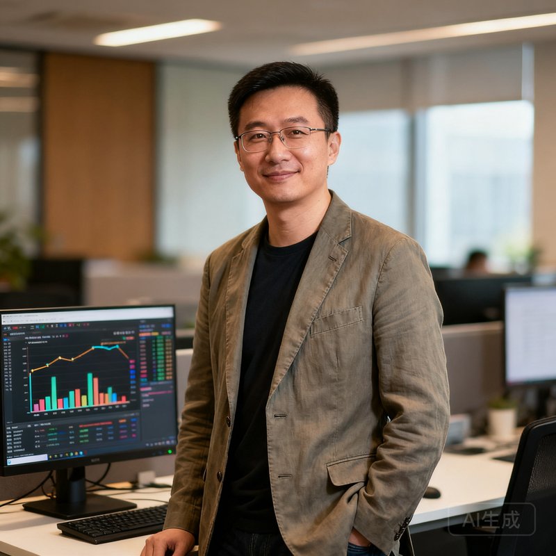 球探比分创始人陆晨晖，数据分析师背景，穿着休闲西装